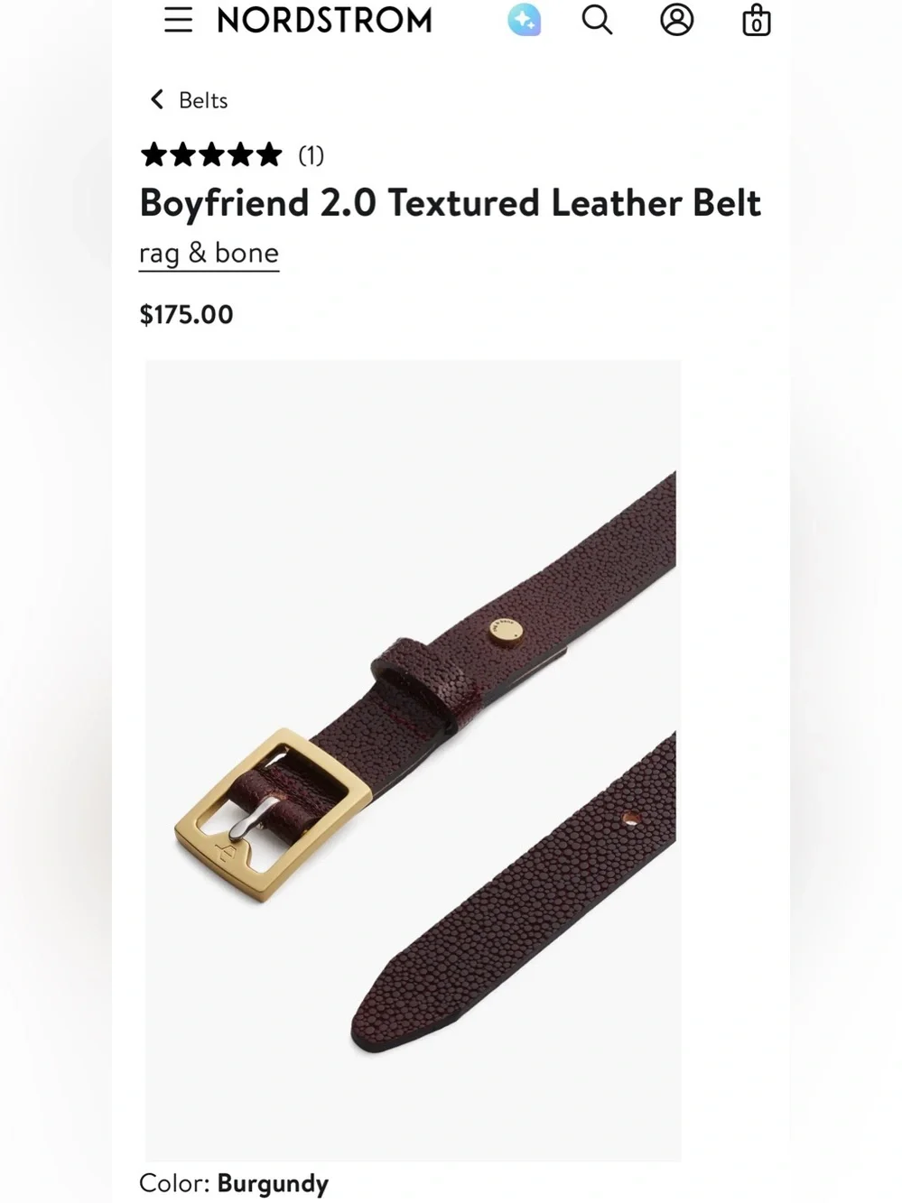 rag & bone Baby Boyfriend 2.0 Burgundy Textured Leather belt, two-tone buckle.